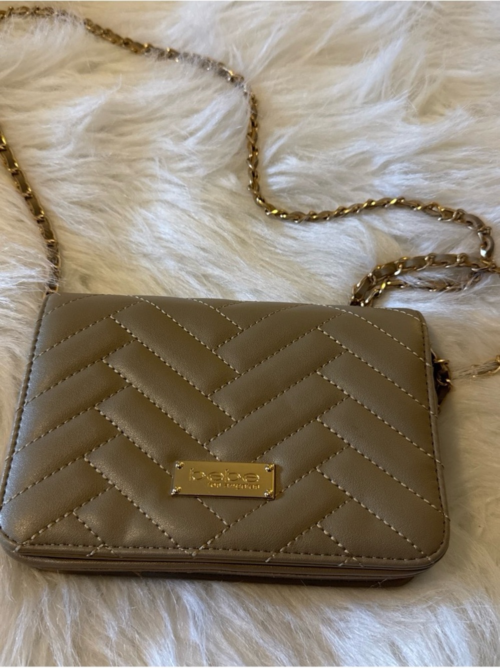 bebe Quilted Chain Crossbody Bag in Taupe